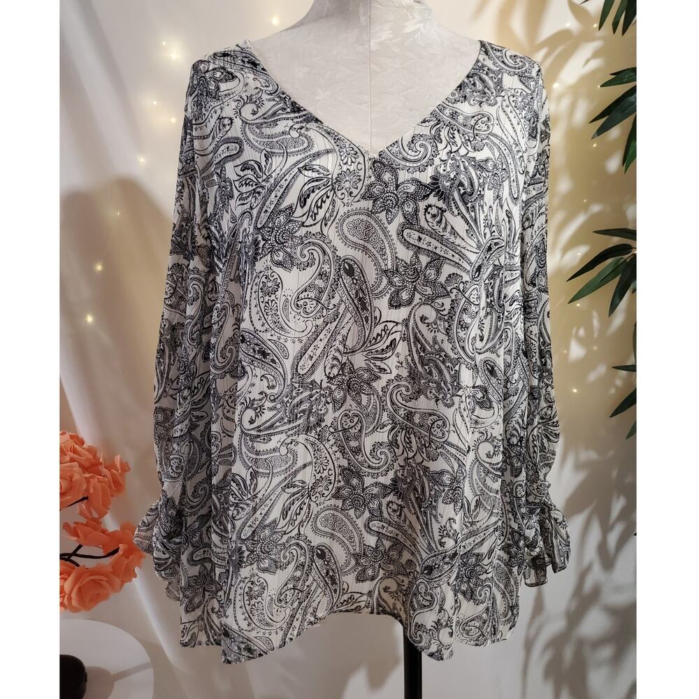 Vince Camuto Paisley Sparkle Chiffon Long Puff Sleeve V-Neck Blouse Plus Size 3X